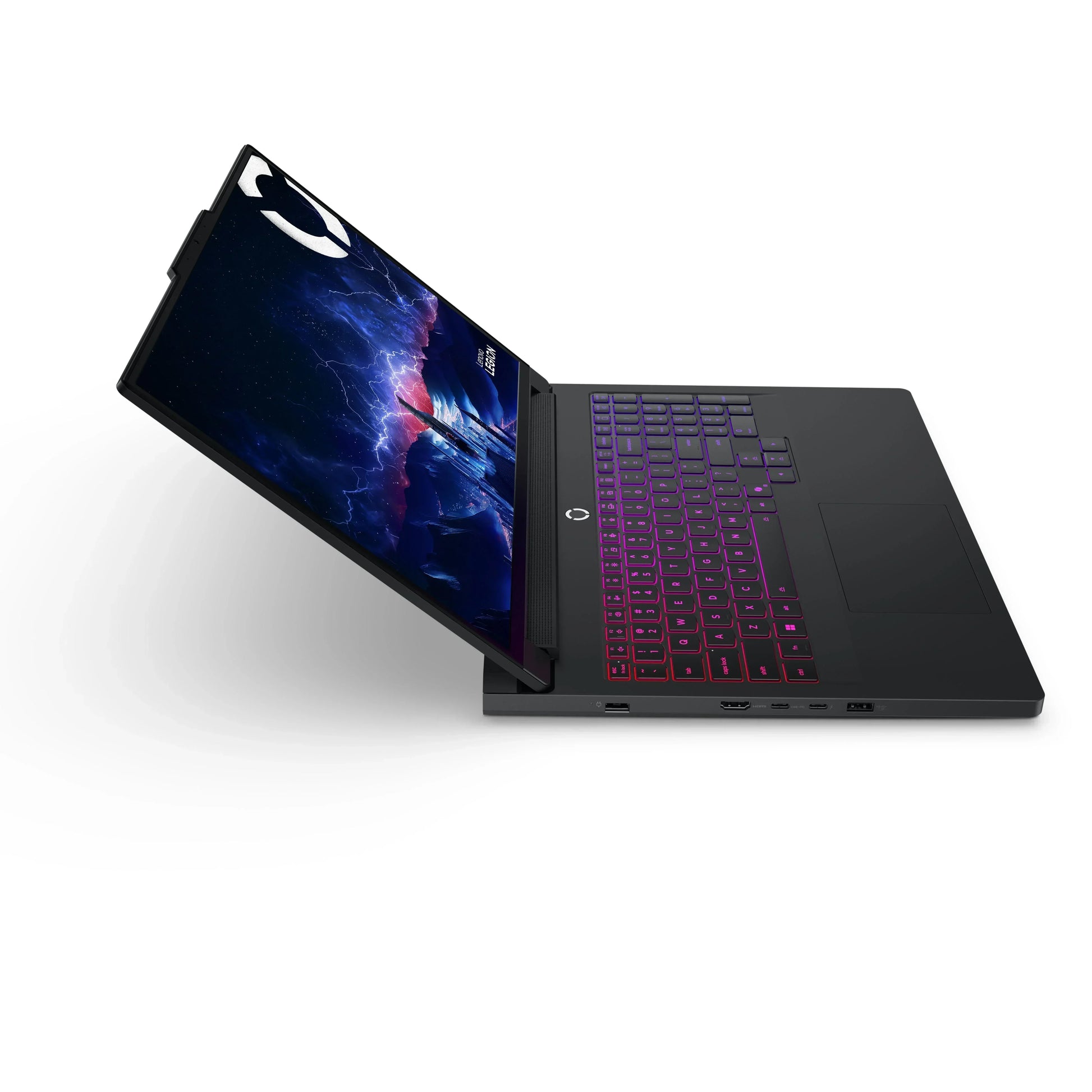 RGB-backlit gaming laptop with colorful keys and lightning graphic on screen, side view