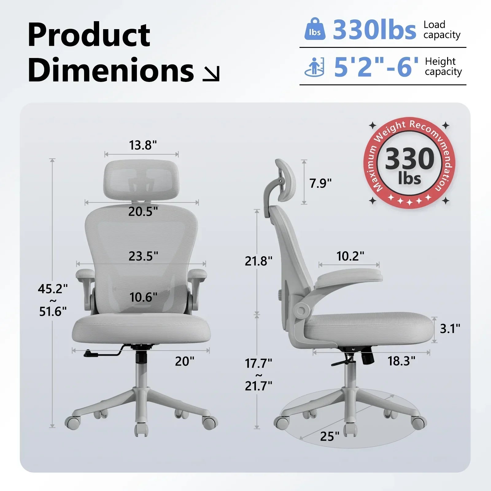 Ergonomic office chair with 330lbs weight capacity, adjustable height 5'2"-6', detailed dimensions shown for gaming or work setup.