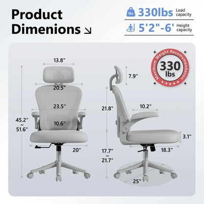 Ergonomic office chair with 330lbs weight capacity, adjustable height 5'2"-6', detailed dimensions shown for gaming or work setup.