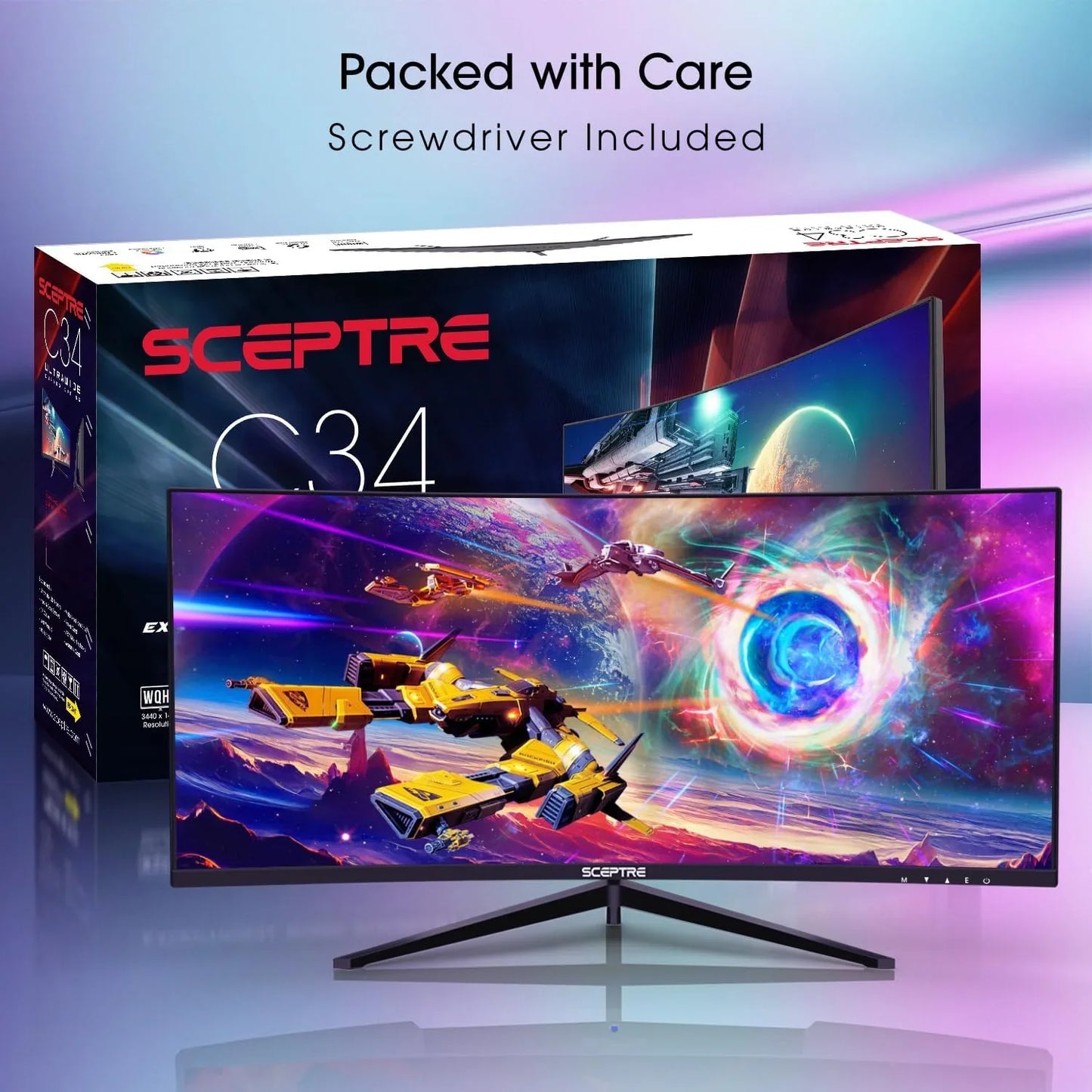 Sceptre C34 ultra-wide curved gaming monitor displaying a colorful space battle scene, boxed and including screwdriver
