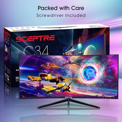 Sceptre C34 ultra-wide curved gaming monitor displaying a colorful space battle scene, boxed and including screwdriver