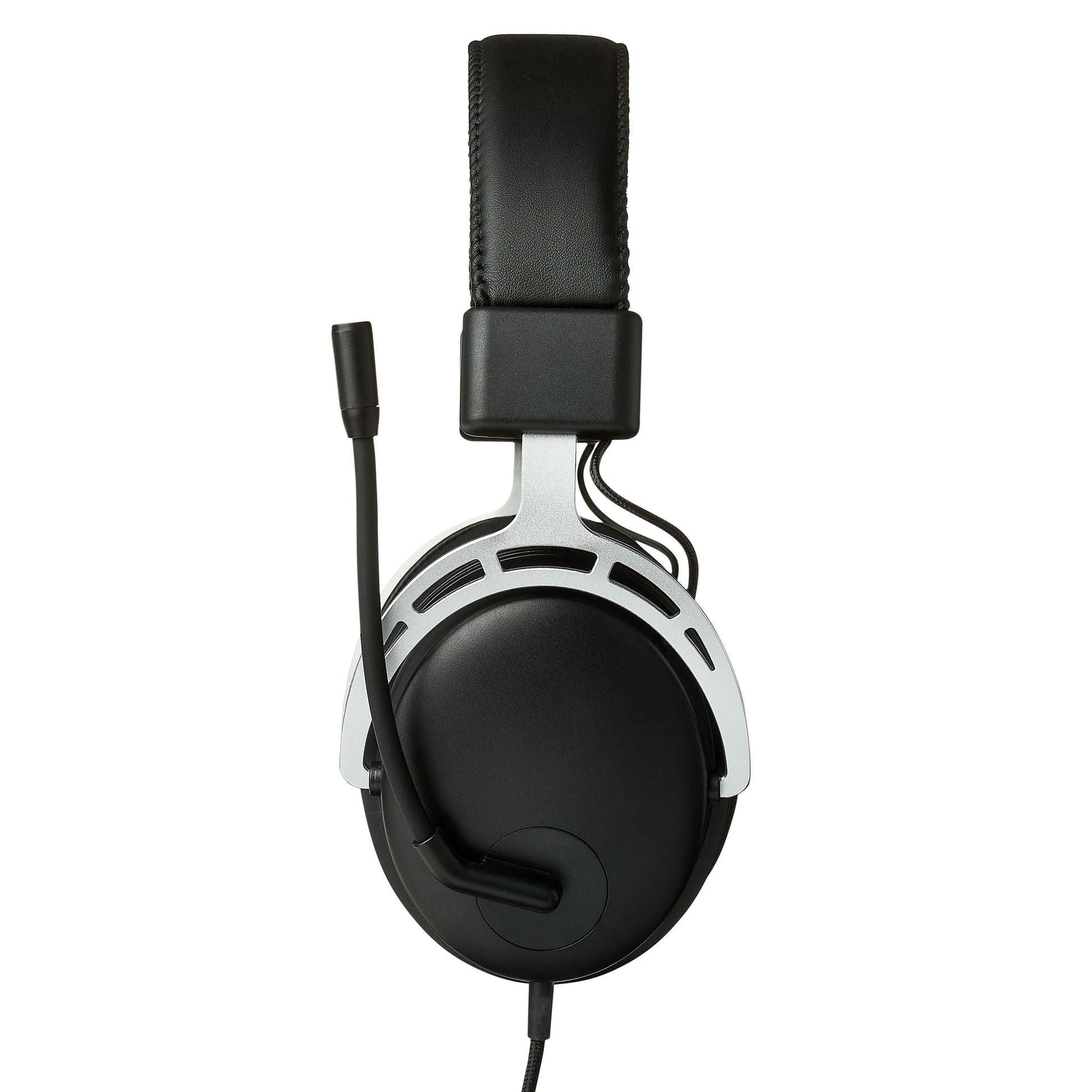 Black over-ear headset with cushioned headband and attached microphone boom on white background