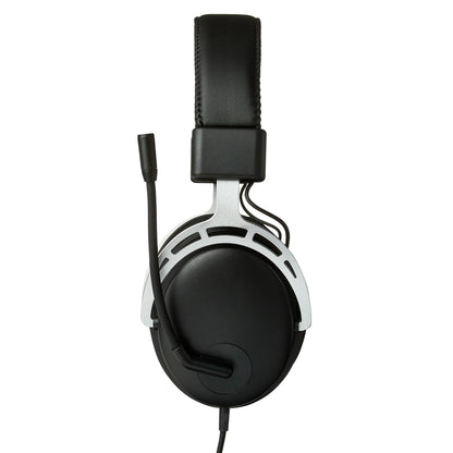 Black over-ear headset with cushioned headband and attached microphone boom on white background