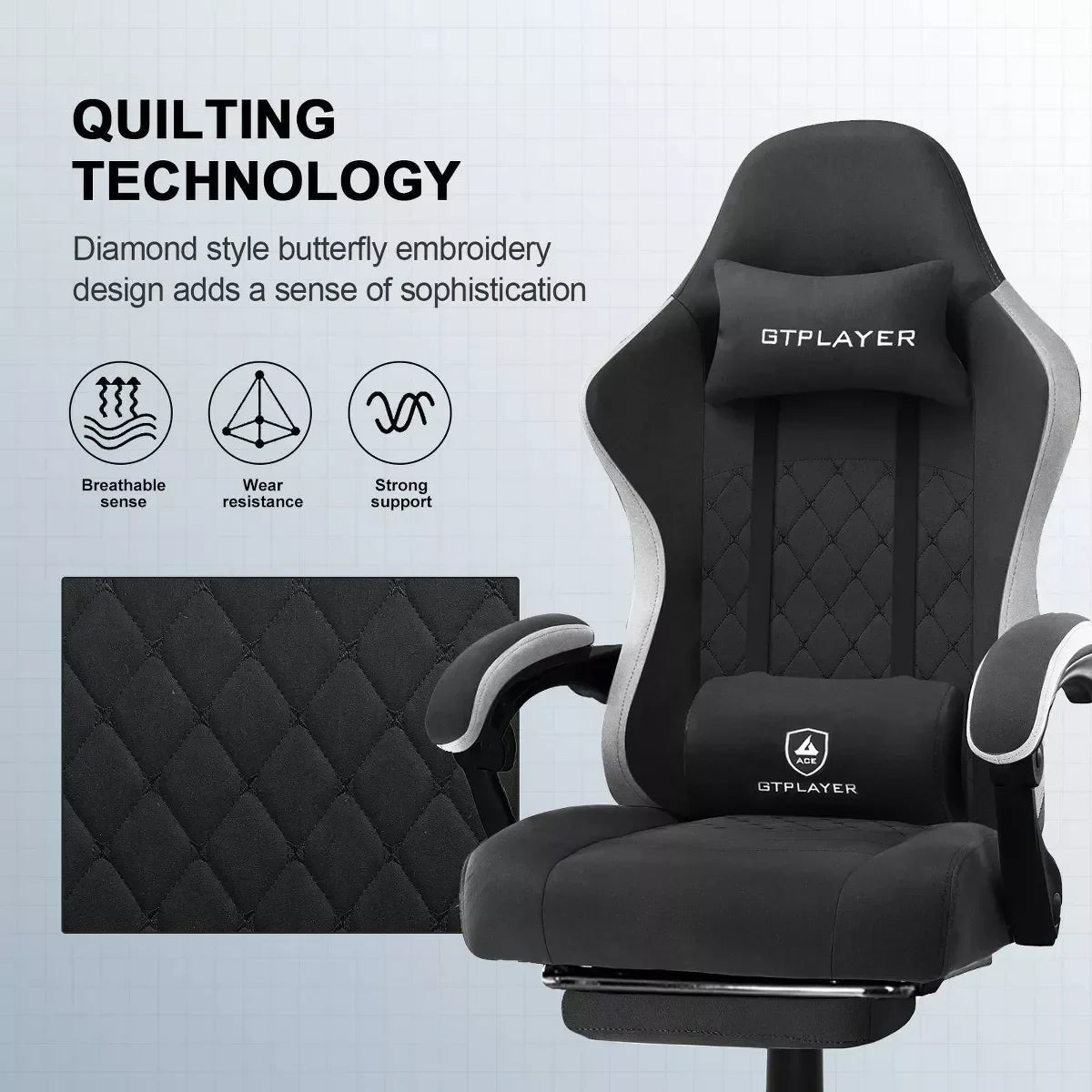 Black GTPLAYER gaming chair with gray accents, diamond quilted upholstery, lumbar and neck support pillows