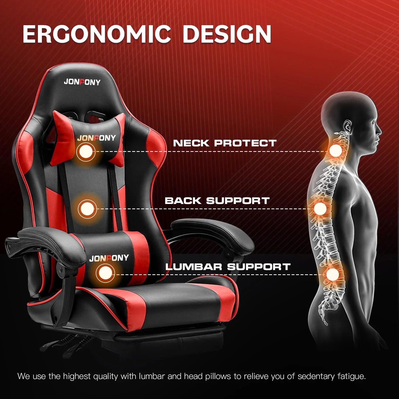 Black and red ergonomic gaming chair with neck, back, and lumbar support cushions against a highlighted spine illustration
