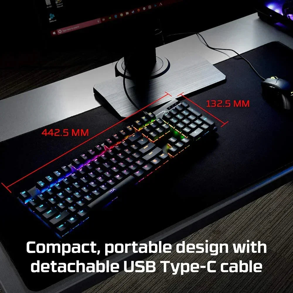 RGB gaming keyboard with compact design, detachable USB Type-C cable, on desktop setup