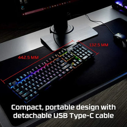 RGB gaming keyboard with compact design, detachable USB Type-C cable, on desktop setup