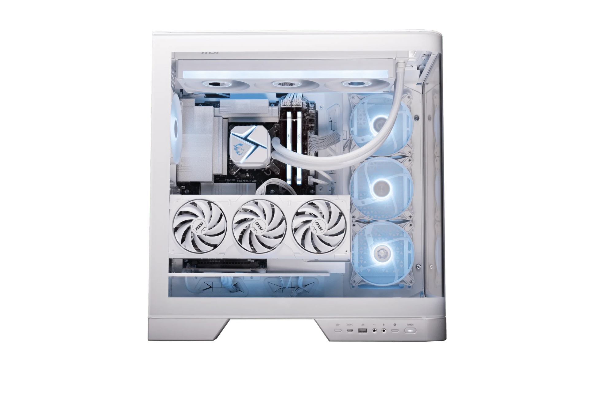 White custom gaming PC with MSI cooling fans, RGB lights, and liquid cooling tubes in transparent case