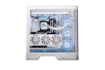 White custom gaming PC with MSI cooling fans, RGB lights, and liquid cooling tubes in transparent case