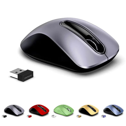 Wireless computer mouse with USB receiver, shown in five colors: silver, red, green, gold, blue.
