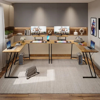 Modern dual workspace with wooden desks, two monitors, laptops, RGB keyboards, decor, and Captain America poster