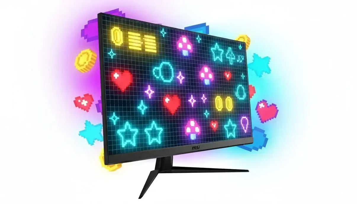 MSI gaming monitor displaying colorful pixelated icons like hearts, stars, coins, and mushrooms