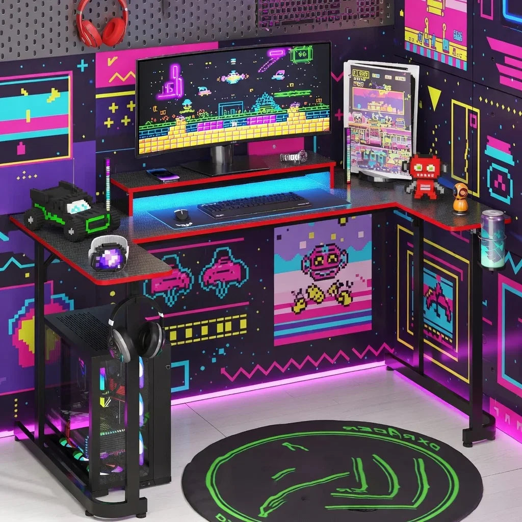 Retro 8-bit gaming setup with RGB lighting, gaming desk, and pixel art wallpaper