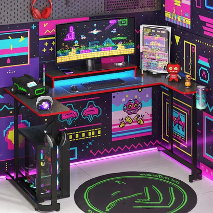 Retro 8-bit gaming setup with RGB lighting, gaming desk, and pixel art wallpaper