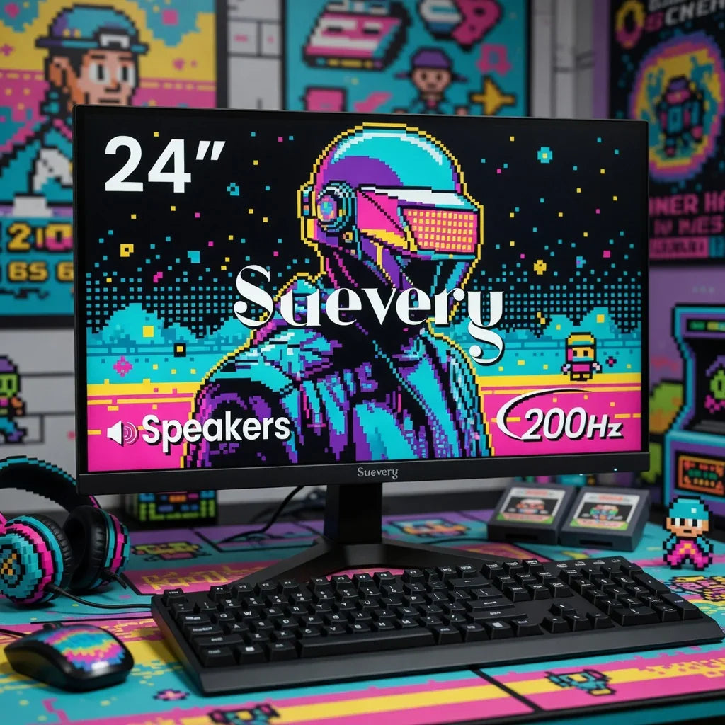 24-inch gaming monitor with built-in speakers, 200Hz, surrounded by retro 8-bit gaming gear