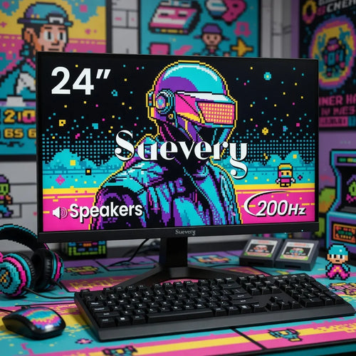 24-inch gaming monitor with built-in speakers, 200Hz, surrounded by retro 8-bit gaming gear