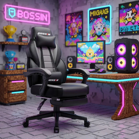 Ergonomic gaming chair in retro pixel-themed gaming setup with RGB desk, PC, and wall art