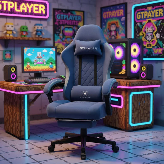 Blue GTPLAYER gaming chair in retro 8-bit style gaming setup with neon-lit desk and monitors