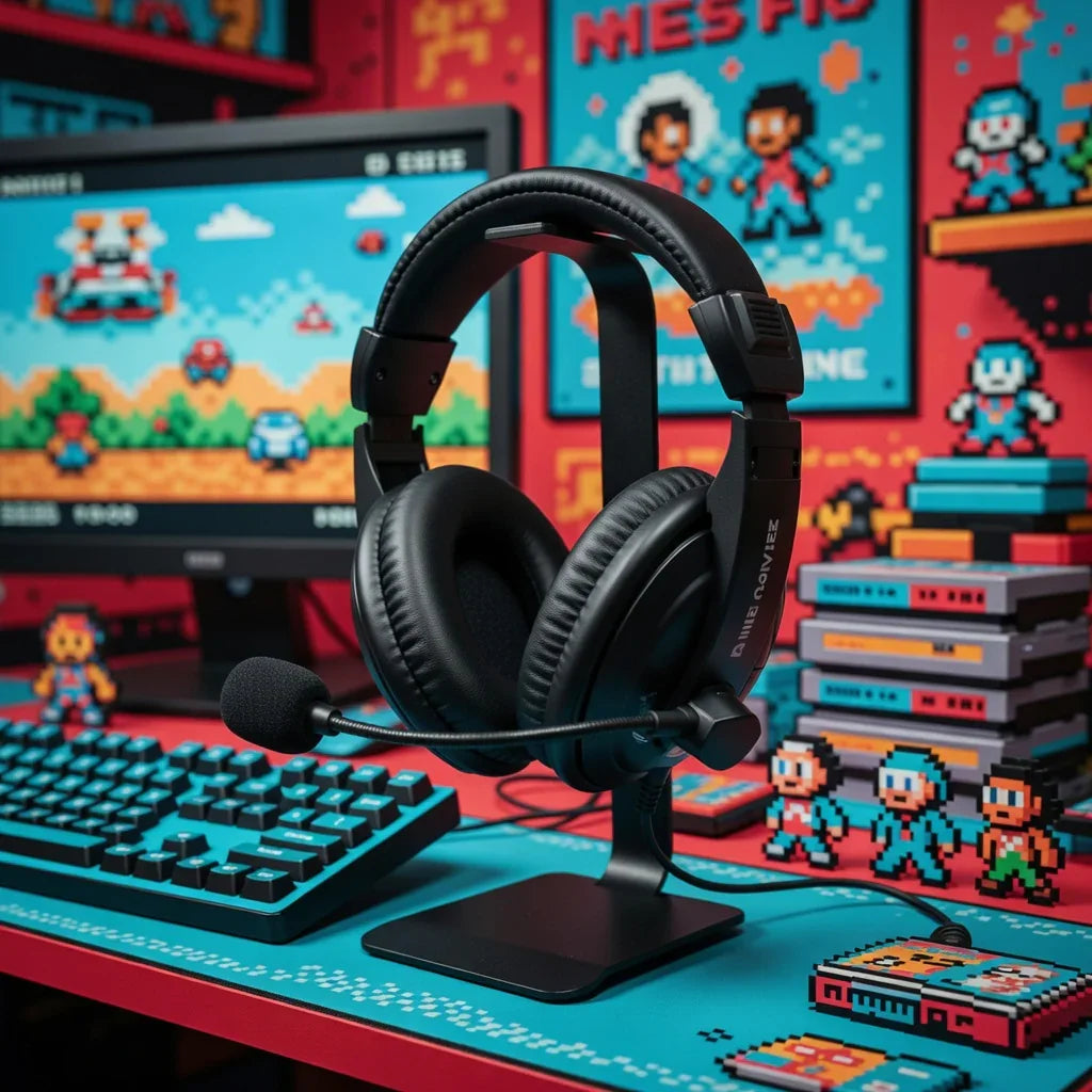 Retro gaming headset and keyboard on colorful 8-bit themed desktop with pixel art decor