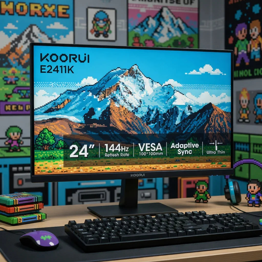 24-inch gaming monitor on desk with 8-bit pixel art, keyboard, and colorful retro decor
