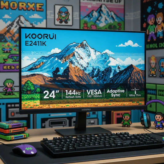 24-inch gaming monitor on desk with 8-bit pixel art, keyboard, and colorful retro decor