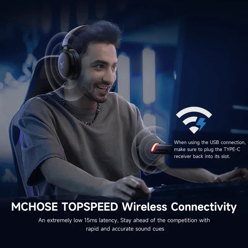 Gamer wearing wireless gaming headset with low latency audio for competitive play