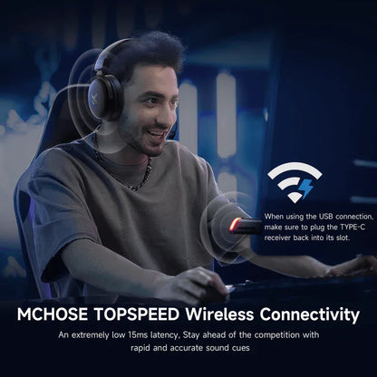 Gamer wearing wireless gaming headset with low latency audio for competitive play