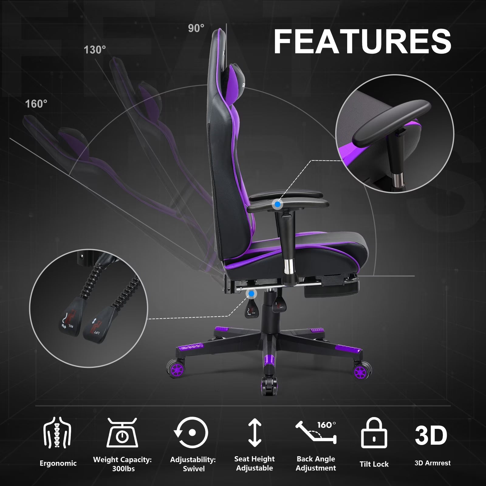 Ergonomic gaming chair with purple accents, 160° recline, 3D armrests, and adjustable height for PC setup