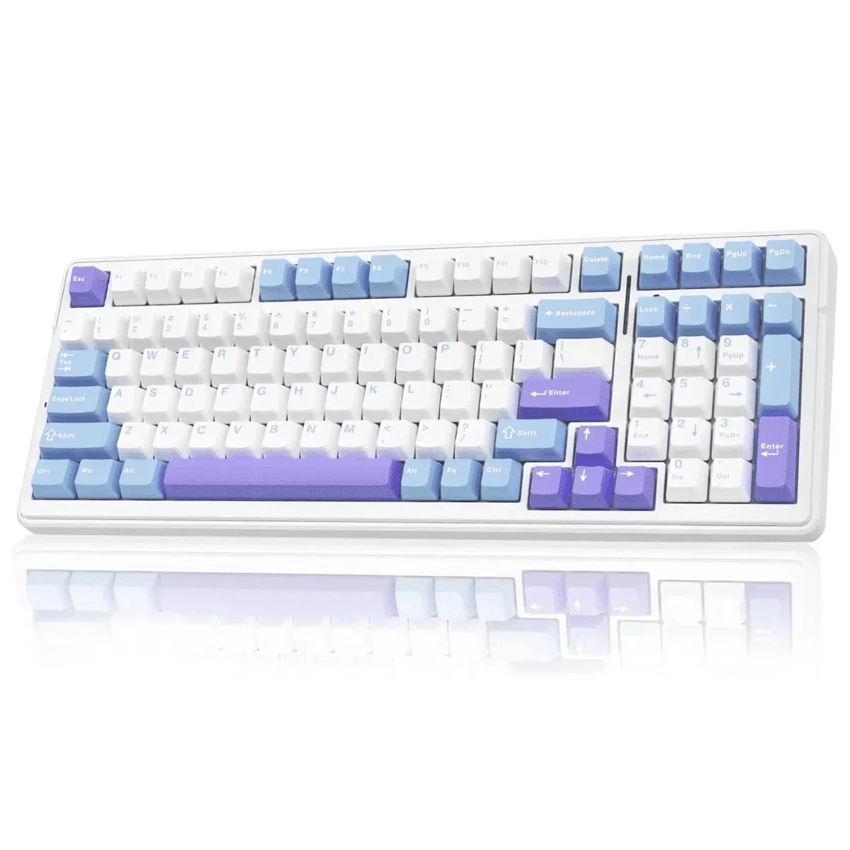 Retro 8-bit style gaming keyboard with white, blue, and purple keycaps on white background