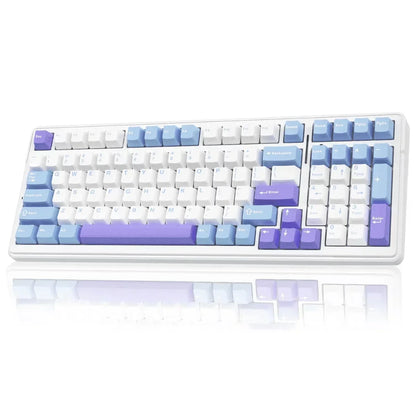 Retro 8-bit style gaming keyboard with white, blue, and purple keycaps on white background