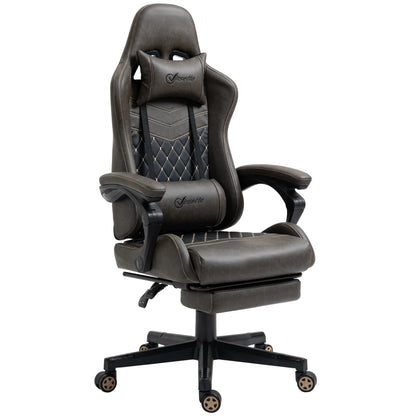 Brown and black gaming chair with thigh support, adjustable armrests, quilted backrest, and lumbar pillow