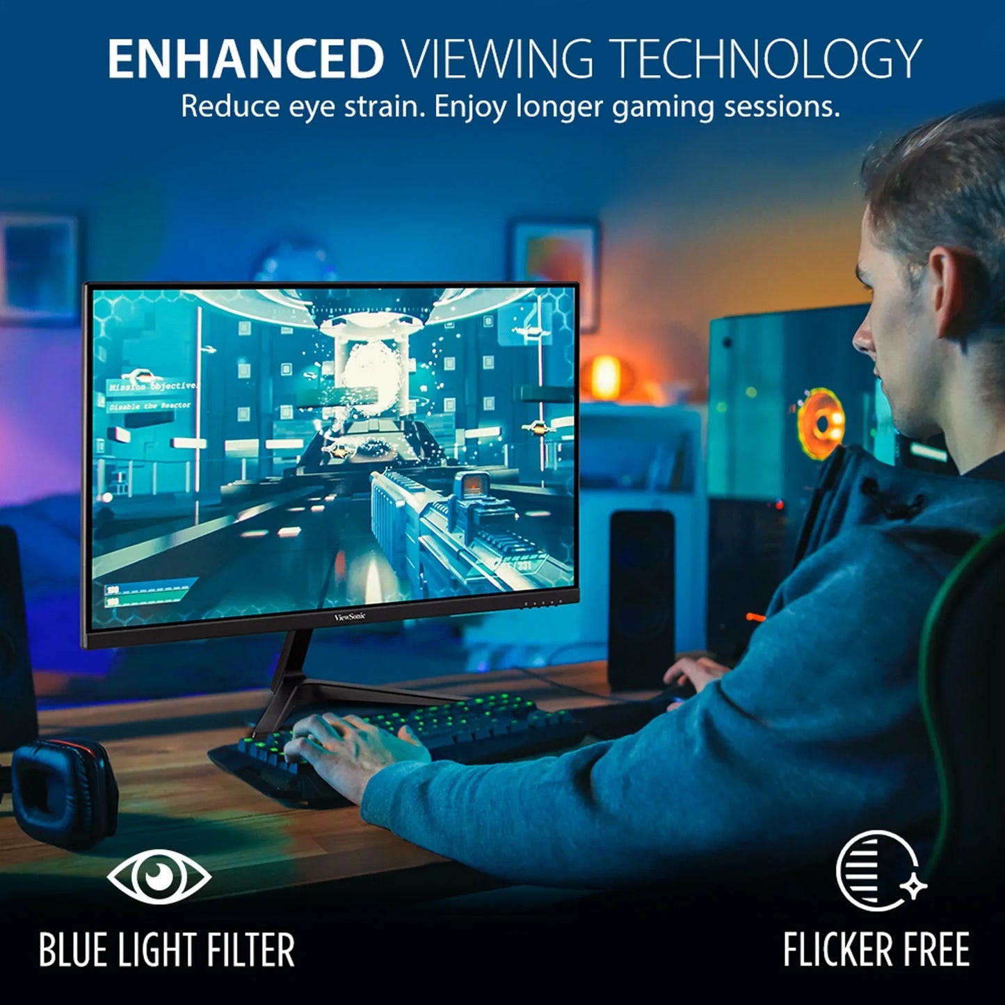 Gamer using enhanced viewing technology monitor with blue light filter and flicker free features for longer sessions