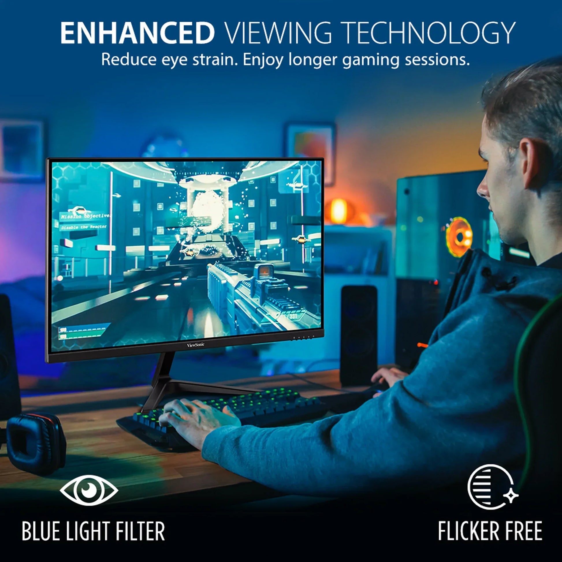 Gamer using enhanced viewing technology monitor with blue light filter and flicker free features for longer sessions