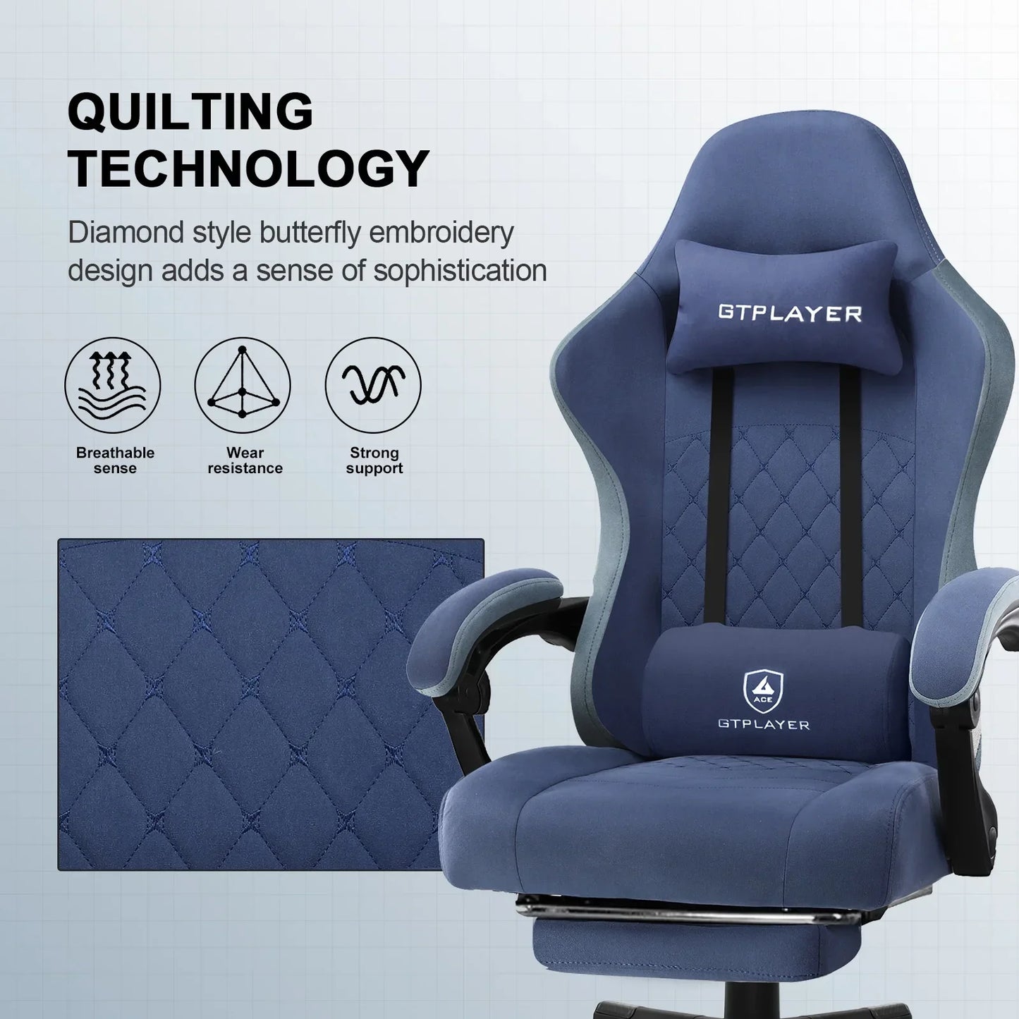 Blue GTPLAYER gaming chair with diamond style butterfly embroidery, lumbar and headrest cushions