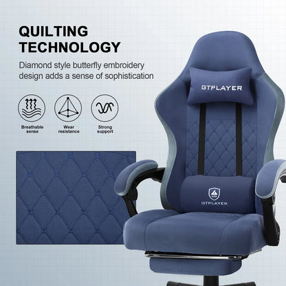 Blue GTPLAYER gaming chair with diamond style butterfly embroidery, lumbar and headrest cushions