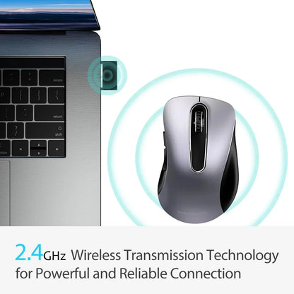 Wireless 2.4GHz mouse next to laptop with USB receiver, reliable gaming gear connection