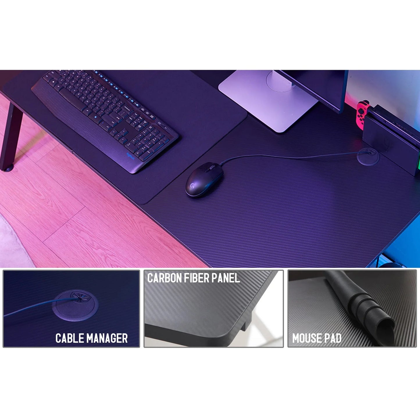 Black carbon fiber office desk with cable manager, keyboard, mouse pad, monitor, and gaming console