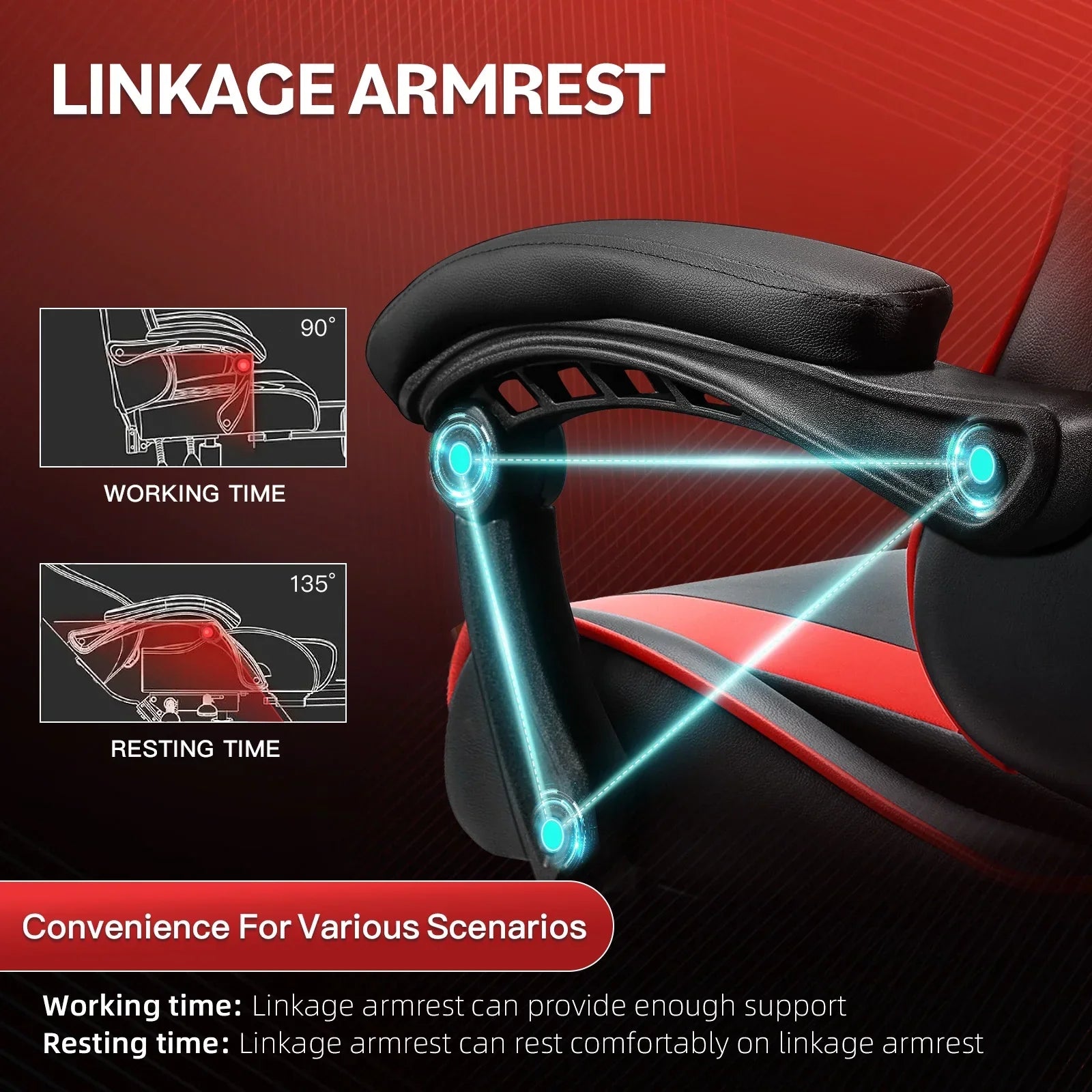 Black and red gaming chair linkage armrest with adjustable angles for working and resting