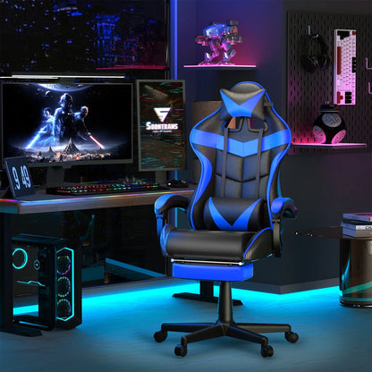 Blue and black gaming chair with RGB lighting in a futuristic gaming setup with dual monitors and PC