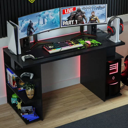 Large Modern Gaming Computer Desk 53 Inch with 5 Shelves Cable Management Student Study Wooden Table Home Office Gamer Desk for Kids and Adults - White