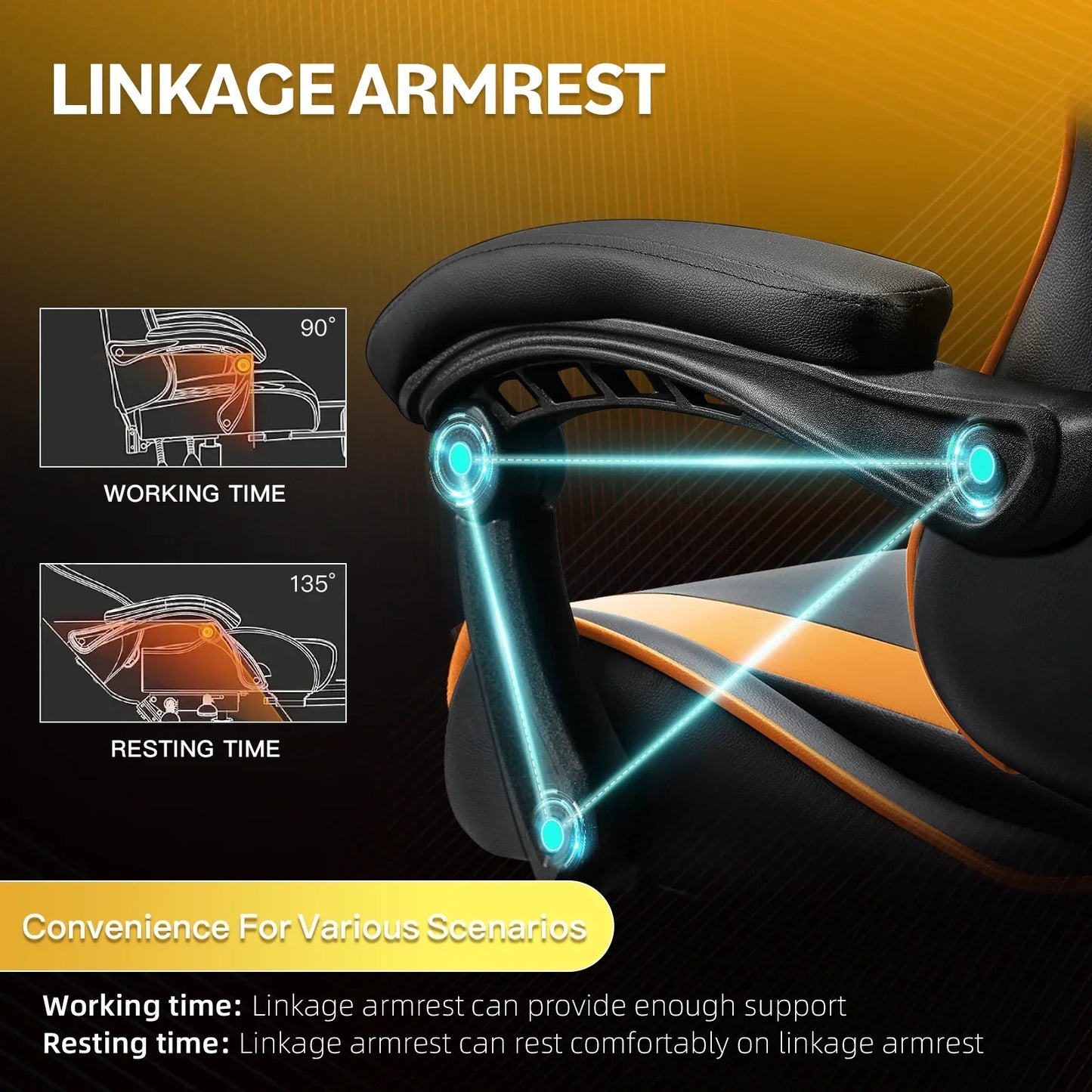 Ergonomic black and orange gaming chair linkage armrest showing adjustable angles for working and resting comfort