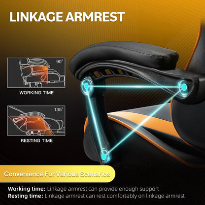 Ergonomic black and orange gaming chair linkage armrest showing adjustable angles for working and resting comfort