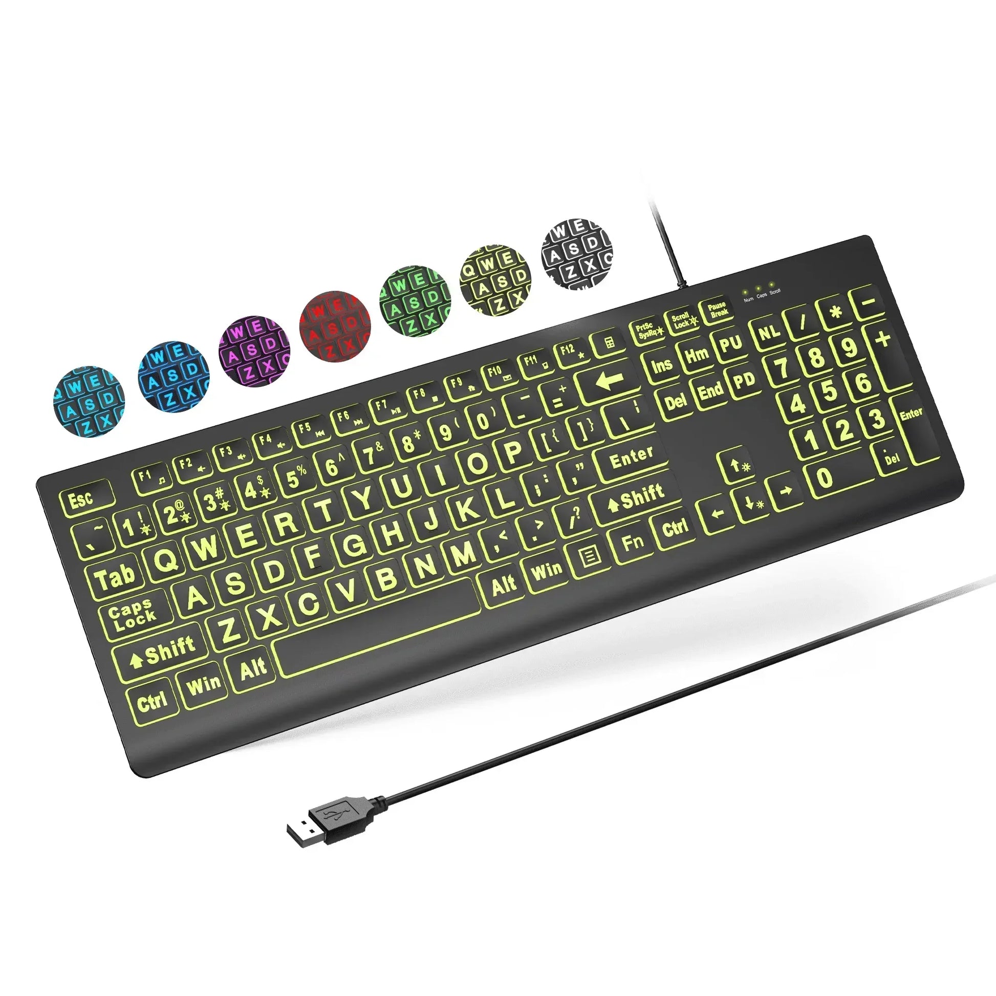 Retro 8-bit style gaming keyboard with yellow backlit keys and colored WASD keycaps, USB wired