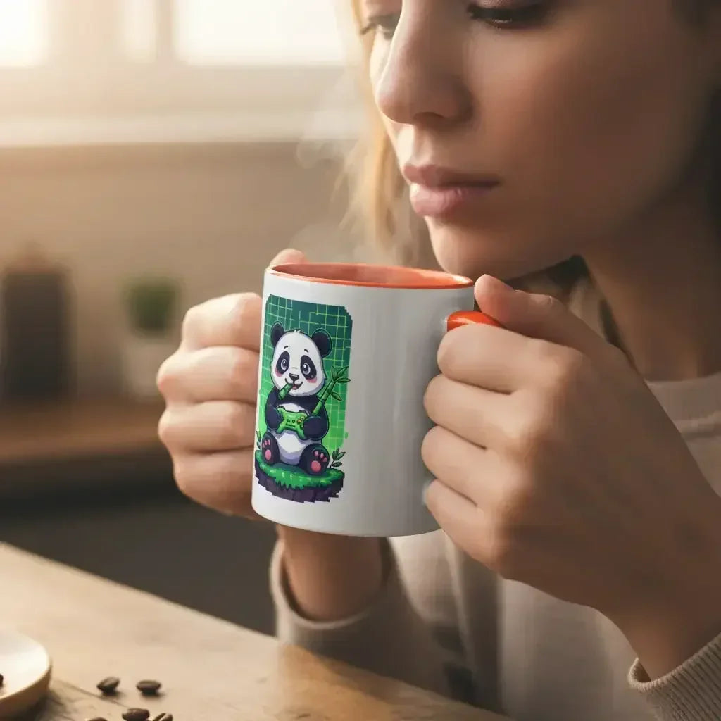 Woman holding steaming white mug with orange interior and panda gaming design in cozy indoor setting