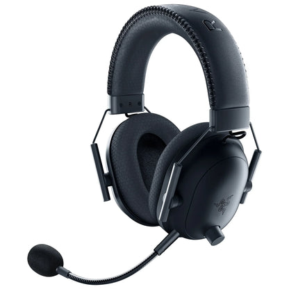 Black gaming headset with padded ear cups and adjustable microphone boom