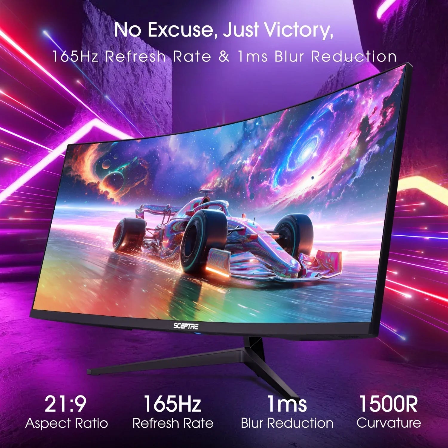 Curved gaming monitor displaying a vibrant race car scene with 21:9 aspect ratio, 165Hz refresh rate, and 1ms blur reduction