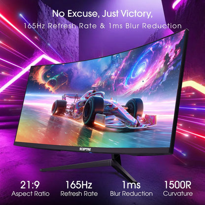 Curved gaming monitor displaying a vibrant race car scene with 21:9 aspect ratio, 165Hz refresh rate, and 1ms blur reduction