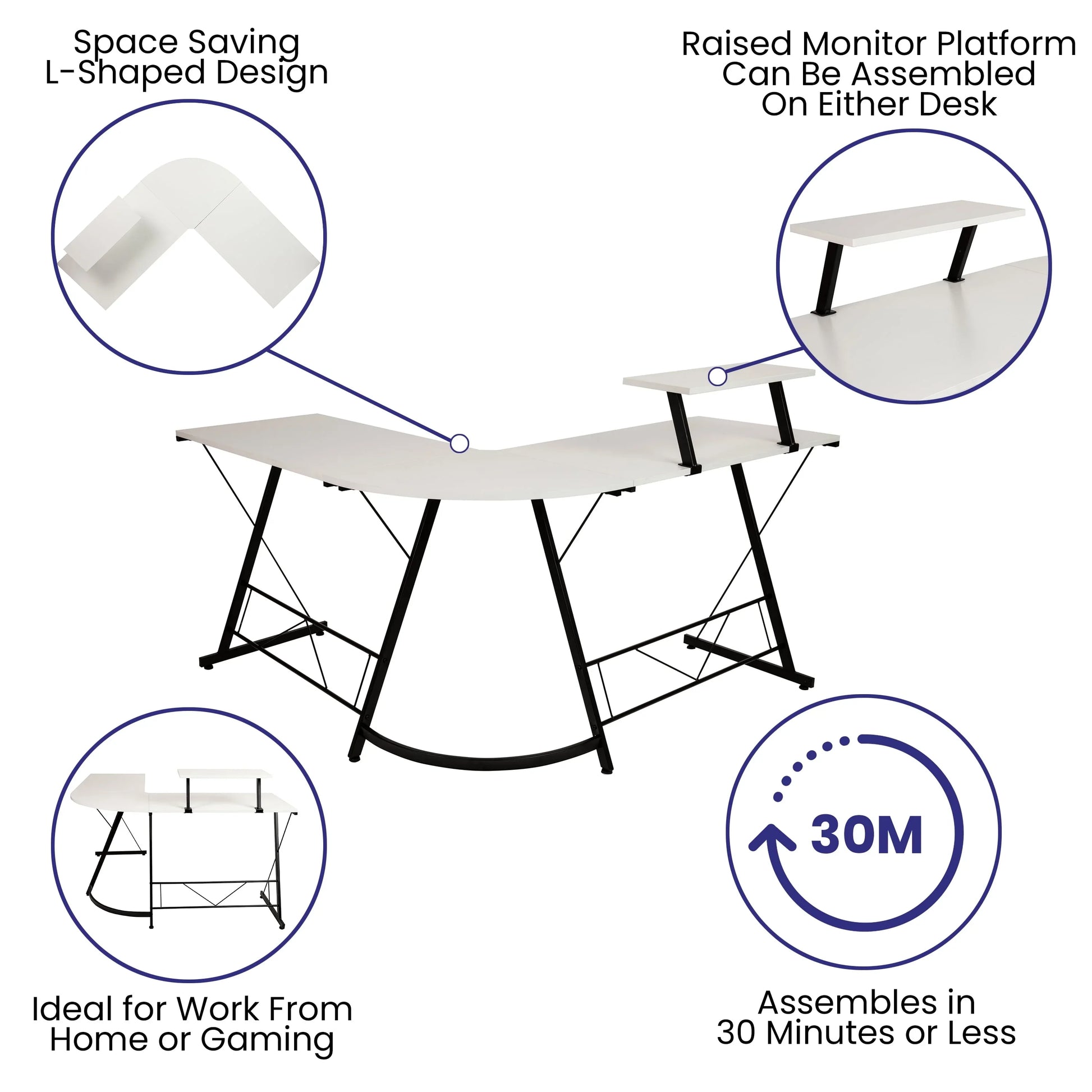 L-shaped white desk with black metal frame, raised monitor platform, space-saving design, ideal for home work or gaming