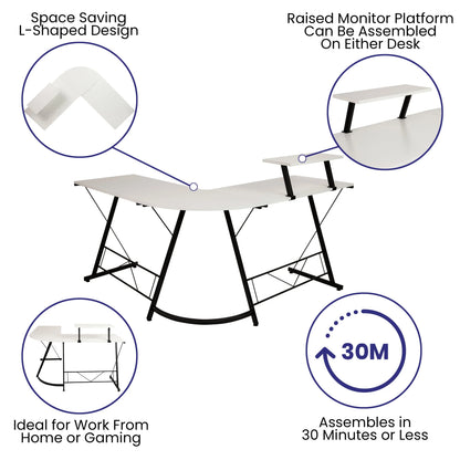 L-shaped white desk with black metal frame, raised monitor platform, space-saving design, ideal for home work or gaming