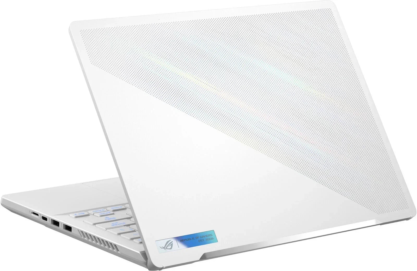 White gaming laptop with perforated lid and blue backlit keyboard, side ports visible